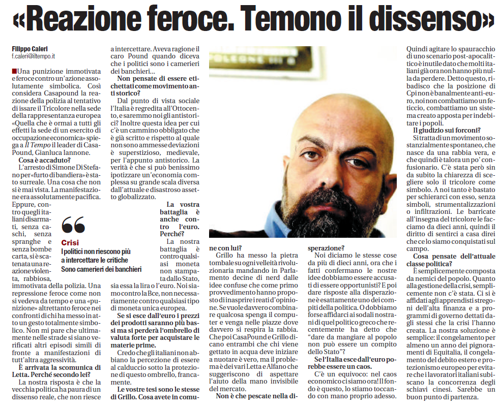 Intervista a Gianluca Iannone su Il Tempo “Reazione feroce, temono il dissenso”