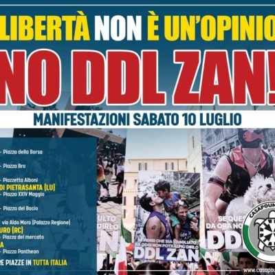 Ddl Zan, CasaPound: sabato manifestazioni in tutta Italia, “legge non deve passare, difendiamo la libertà di espressione”